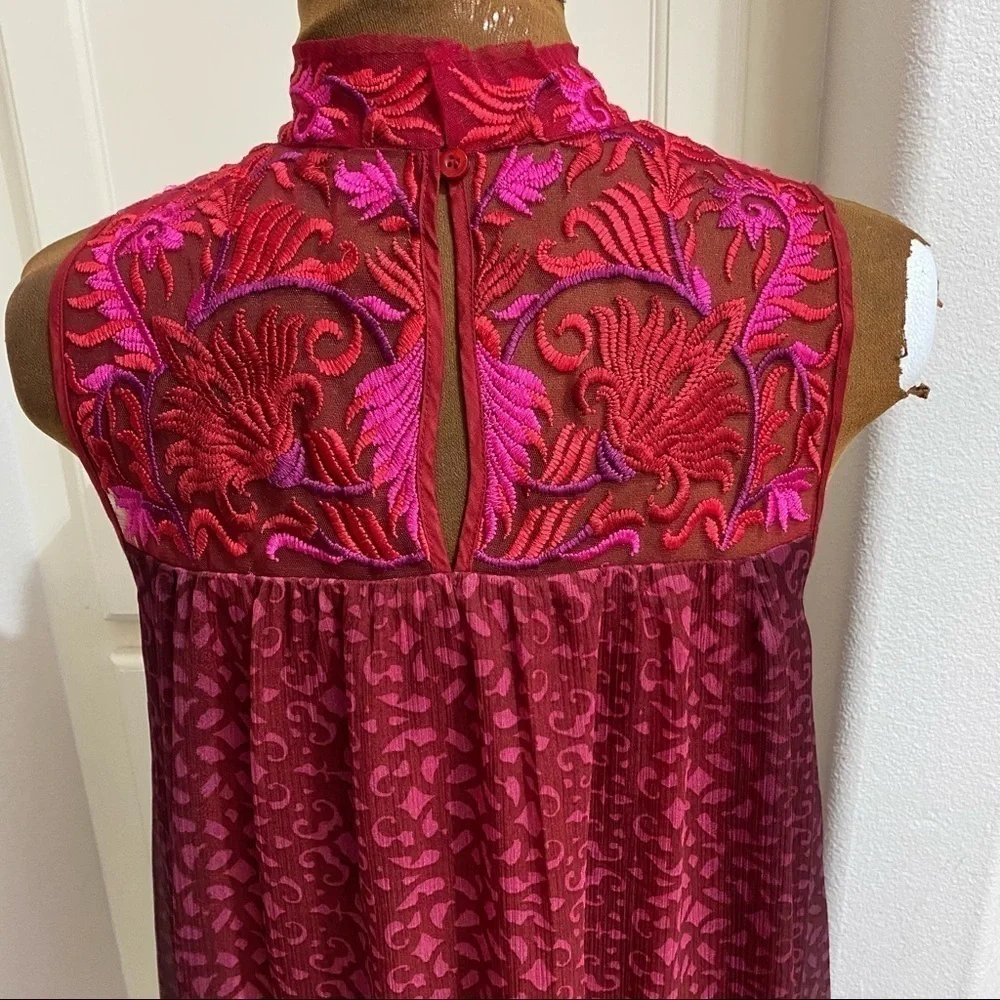 Anthropologie Niki Tlahajan Womens Shift Dress Red Floral Keyhole Embroidered 6